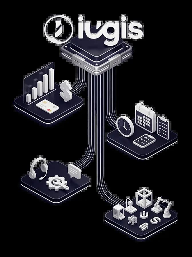 Ilustração 3D do Supervisor de IA Iugis: orquestração de múltiplos agentes e plataformas conectadas